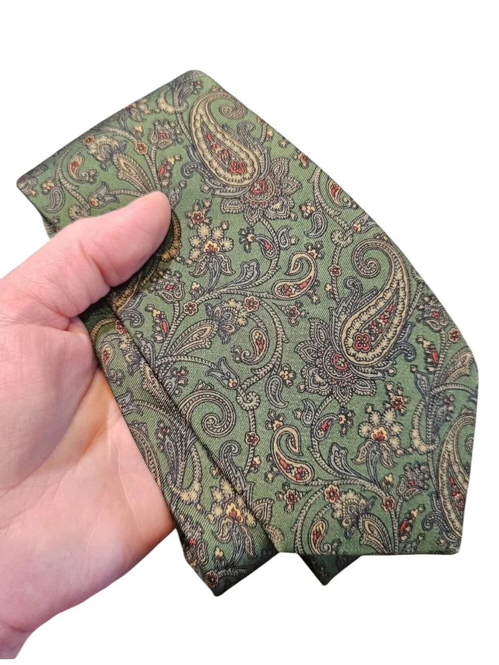 Vintage Burberrys of London Olive Green Paisley 100% Silk Tie Hand Made